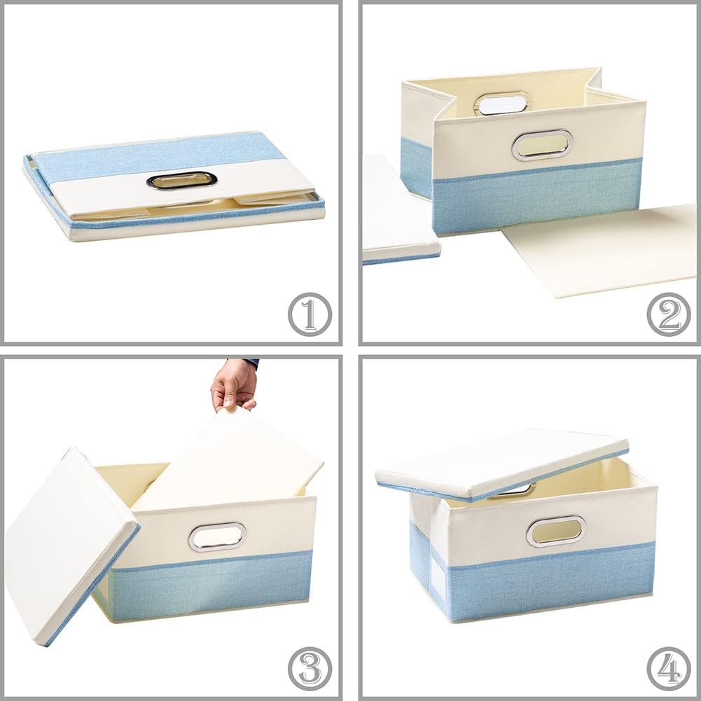 PRANDOM Large Foldable Storage Boxes with Lids [3-Pack] Fabric Collapsible Storage Bins Organizer Containers Baskets Cube with Cover for Home Bedroom Closet Office Nursery Blue&Cream(17.7x11.8x11.8)