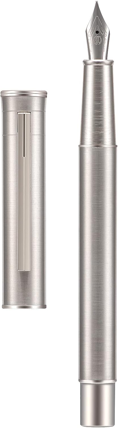 Hongdian 1861 Stainless Steel Fountain Pen Medium Nib, Classic Design Smooth Writing Pen with Converter and Metal Pen Case Set