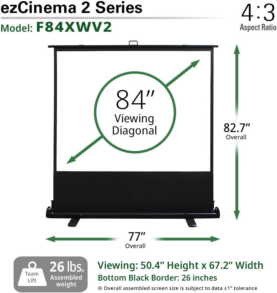Elite Screens ezCinema 2, Portable Manual Floor Pull Up Scissor Backed Projector Screen, 84-Inch, Home Theater Movie Office Classroom Projection Carrying Bag, US Based Company 2-YEAR WARRANTY, F84XWV2