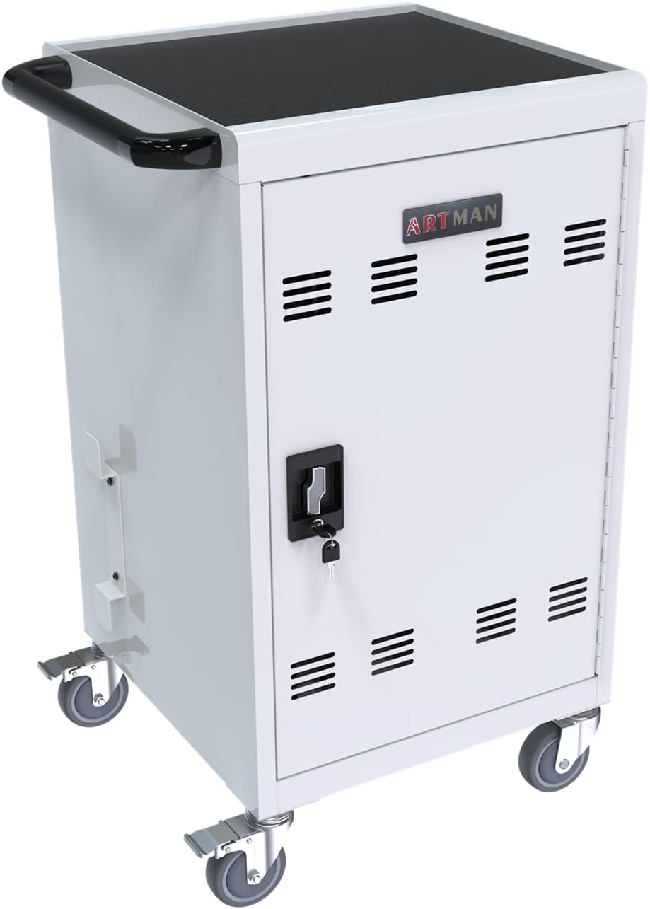 30-Device Mobile Charging Cart & Cabinet, Laptop & Tablet Storage, Lockable Station, Up to 17" Screens, White