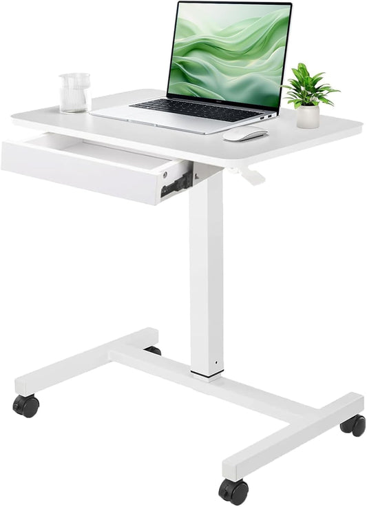 CLATINA Mobile Laptop Standing Desk, Height Adjustable Teacher Podium with Lockable Wheels, Adjustable Work Table with Drawer, Computer Cart Overbed Table for Home Office Classroom, White