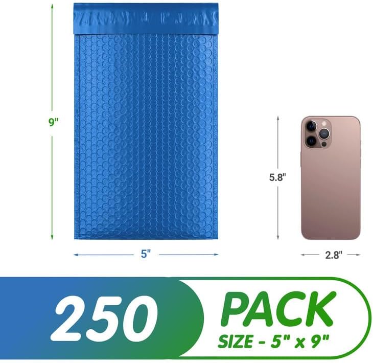 Blue Poly Bubble Mailers 5 x 9 Inch. Pack of 250 Padded Envelopes Waterproof. Self Seal Padded Mailers with Durable Seams. Lightweight Padded Shipping Envelopes for Mailing Fragile Things