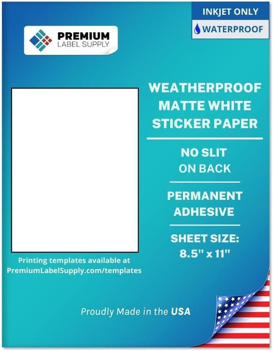 Premium Label Supply Waterproof White Inkjet Sticker Paper – 8.5" x 11" Full Sheet Labels – Inkjet Printers only – Similar to Vinyl – 25 Sheets