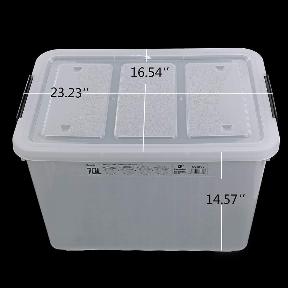 4-Pack 70 L Large Clear Storage Boxes, Plastic Latching Boxes with Wheeles