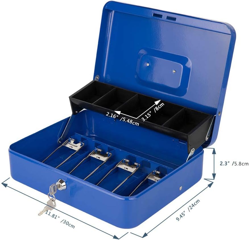 KYODOLED Locking Cash Box with Lock,Money Box with Cash Tray,Lock Safe Box with Key,Money Saving Organizer,11.81Lx 9.45Wx 3.54H Inches,Blue XL Large