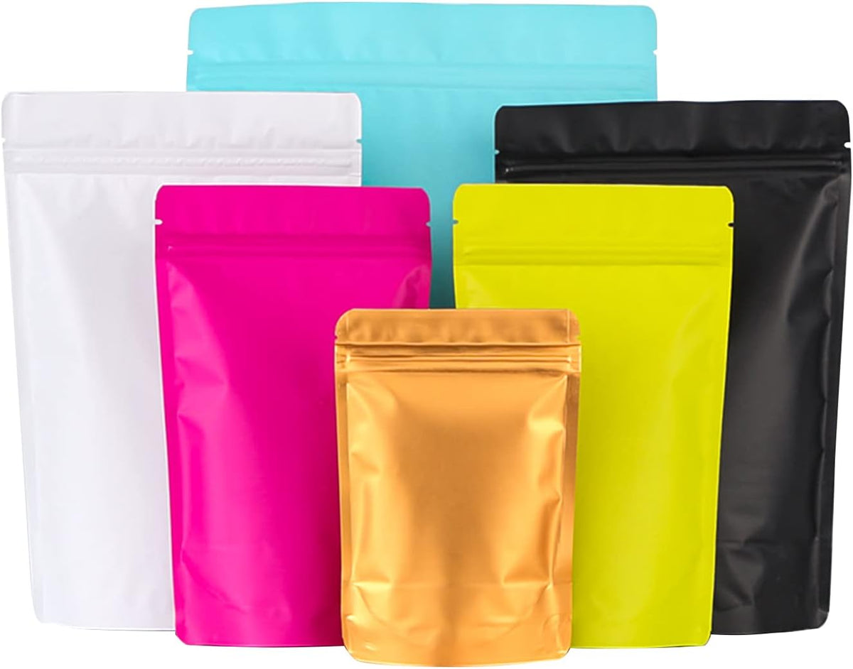 100 Pack Resealable Stand Up Bags,4.7" x 7.9" Smell Proof Pouch Sealable Foil Pouch Bags for Packaging (White)