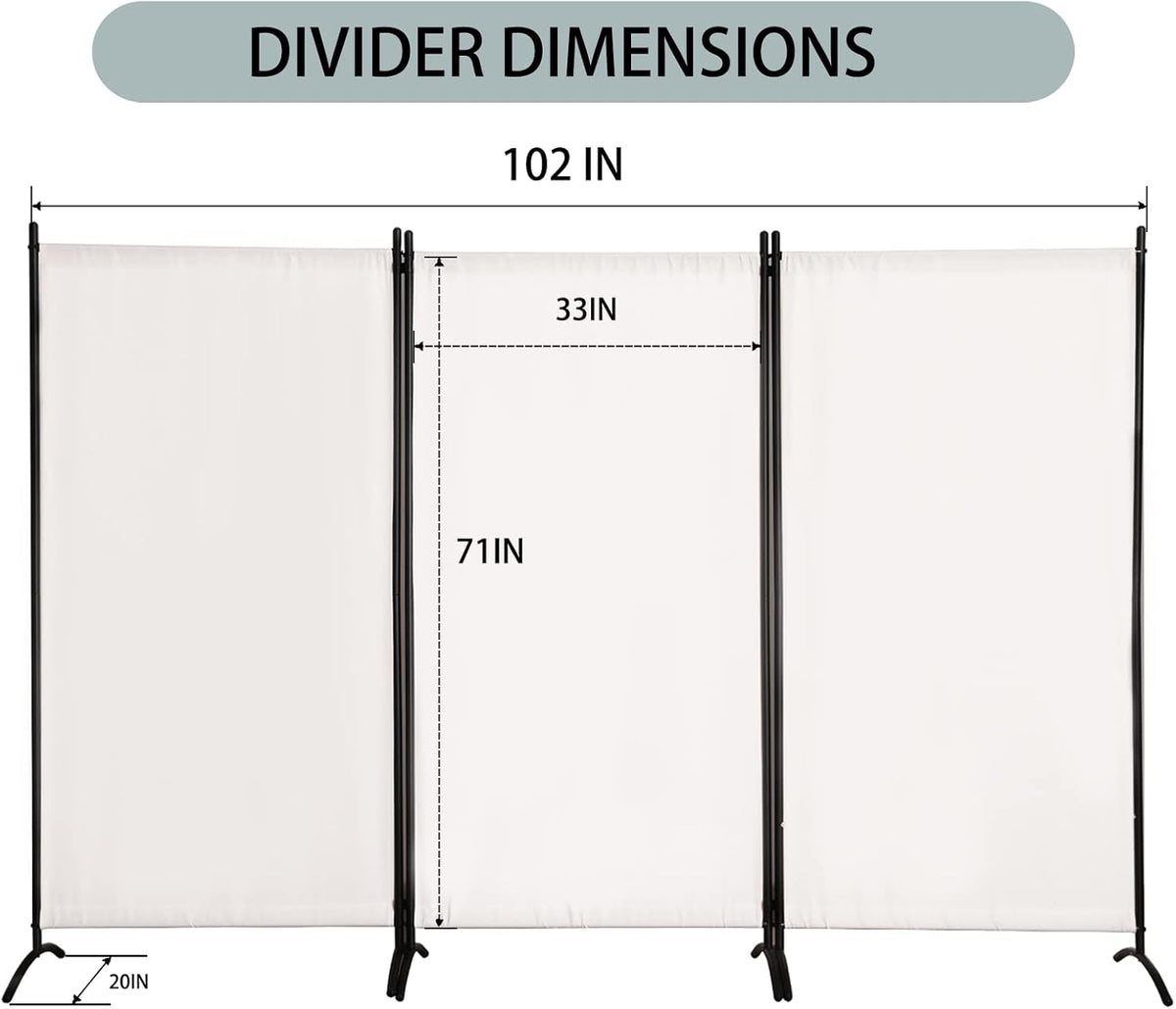 Room Divider 3-Panel Privacy Screen, Portable Screen Steel Frame with Hook&Loop for Home, Office, Classroom, Studio, Meeting (White