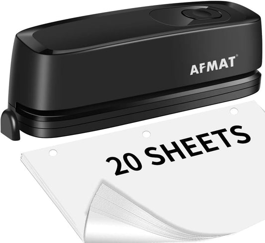 3 Hole Punch, AFMAT Electric Three Hole Punch Heavy Duty, 20-Sheet Punch Capacity, AC or Battery Operated, Effortless Punching, Long Lasting Paper Puncher for Office School Studio, Black, Model: HP01