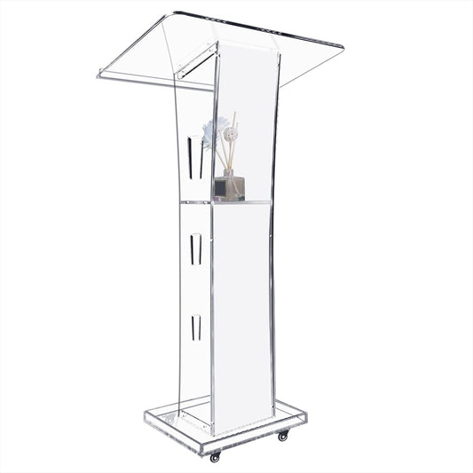 Acrylic Podium Stand, Ultra Clear 43'' Pulpits for Churches with 15 Color Adjustable, Modern Lectern with Storage Sheld for Church,Conference,Speech,Classroom, 23.62”x 15.75”X 43.3” (with Wheels)