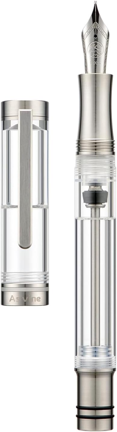 Asvine V200 Titanium Fountain Pen Vacuum Filling, Bock Medium Nib Clear Transparent Acrylic Smooth Writing Pen Case Set