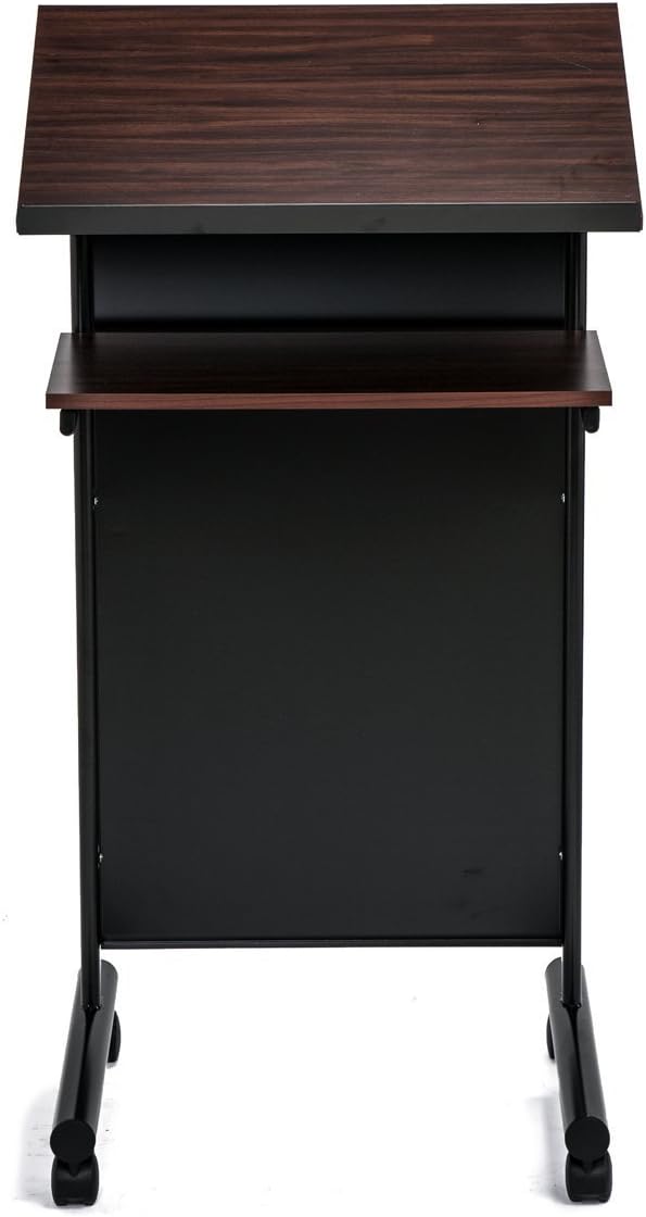 Audio-Visual Direct Wheeled Lectern Podium - Standing Desk with Storage Shelf - Cherry/Black - Ideal for Presentations and Laptop Use