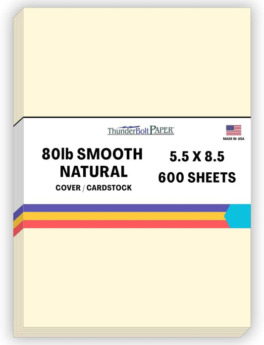 600 Natural Smooth Card Stock Sheets Paper - 5.5 X 8.5 Inches Half Letter | Statement Size - 80# (80 lb/pound) Cover Weight - Quality Paper - Smooth Finish