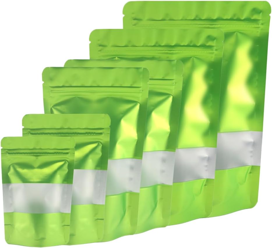 4CP 100 Pcs Green Zipper Smell Proof Bags with Window, 7.0x10.5 Inch Stand Up Foil Pouches for Food Selfsealing Storage, Reusable Bag for Packaging Small Business, Cookies, Nunt, Candy