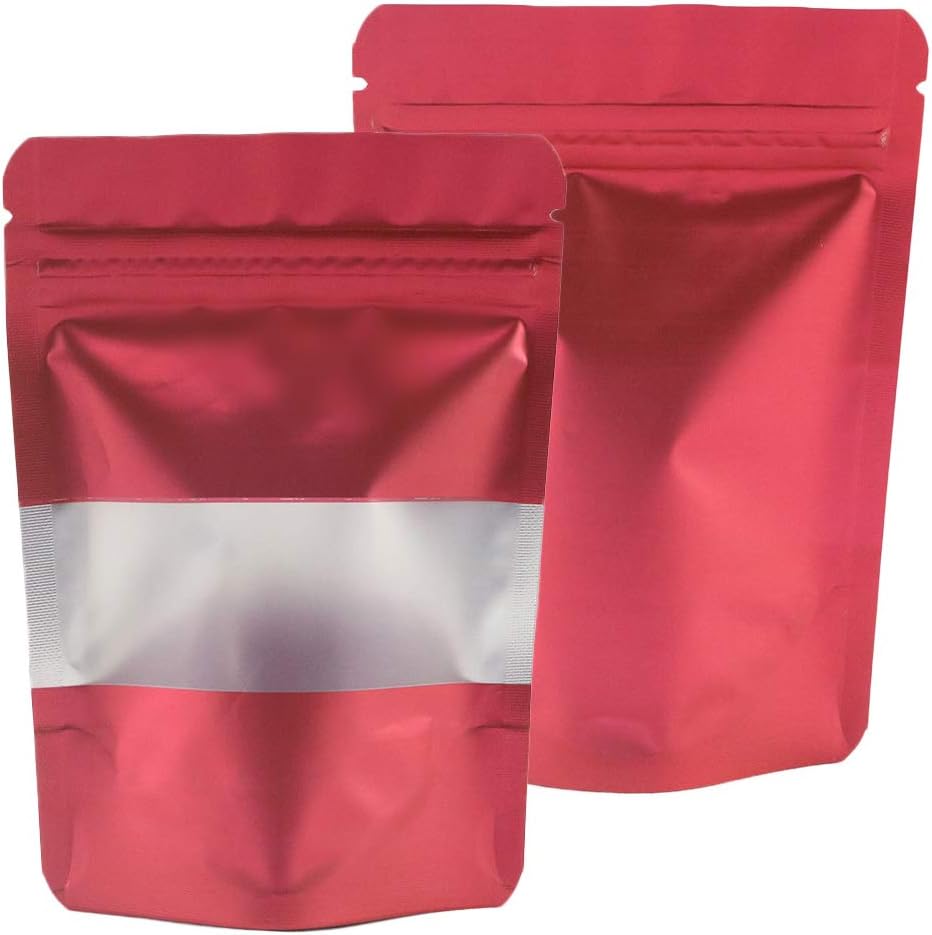 4CP 100 Pcs Red Zipper Smell Proof Bags with Window, 5.5x7.9 Inch Stand Up Foil Pouches for Food Selfsealing Storage, Reusable Bag for Packaging Small Business, Cookies, Nunt, Candy