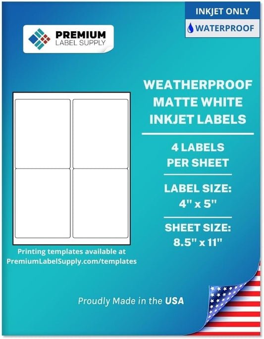Premium Label Supply Waterproof Matte White Sticker Labels – 4" x 5" – Inkjet Printers Only – (4 per Sheet), 100 Sheets - 400 Total Adhesive Labels