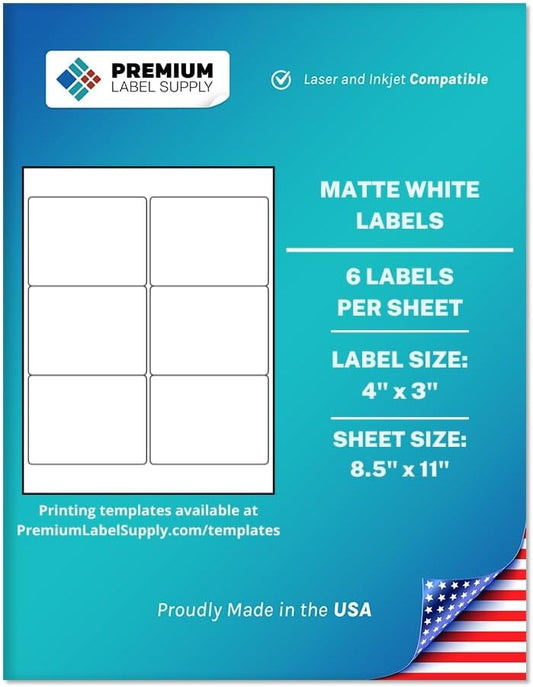 Premium Label Supply White Sticker Labels – 4" x 3" – Laser/Inkjet Compatible – (6 per Sheet), 2000 Sheets – 12,000 Total Adhesive Labels
