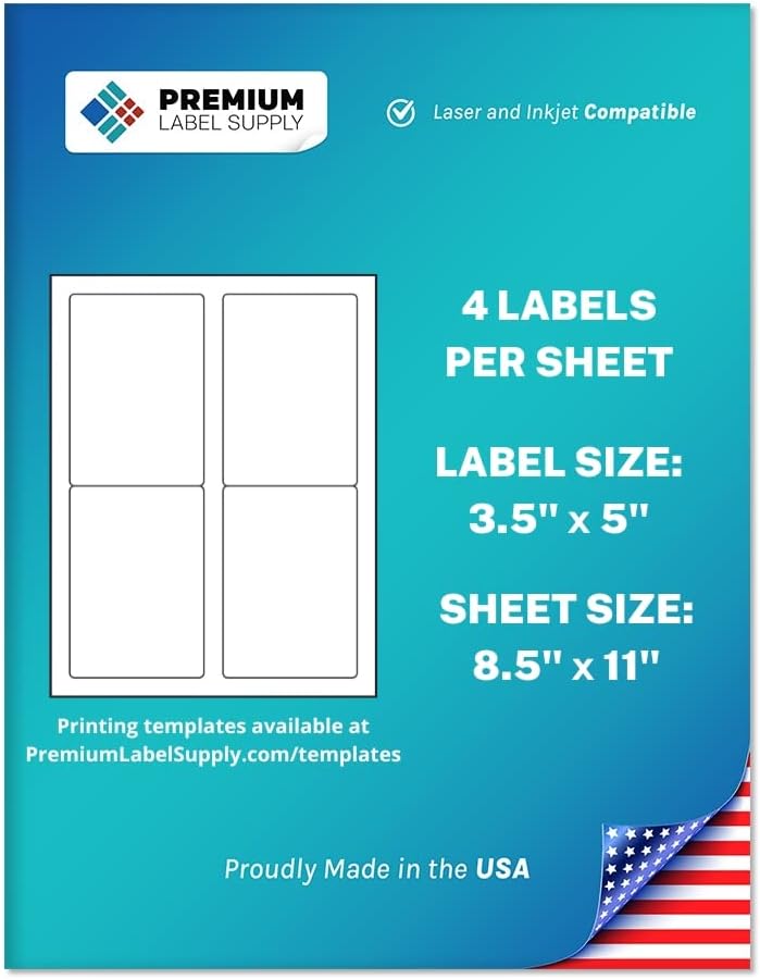 Premium Label Supply White Sticker Mailing/Shipping Labels – 3.5" x 5" – Laser/Inkjet Compatible – (4 per Sheet), 1000 Sheets - 4,000 Total Adhesive Labels