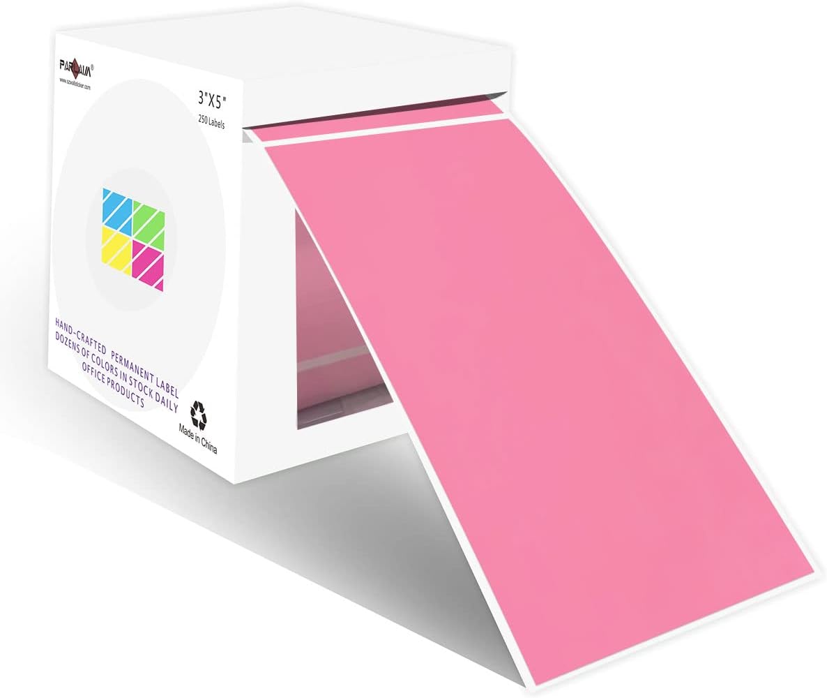 PARLAIM 3 X 5 Inch Rectangle Adhesive Color Coding Stickers,Square Inventory Stickers -250 Per Dispenser Box Pink