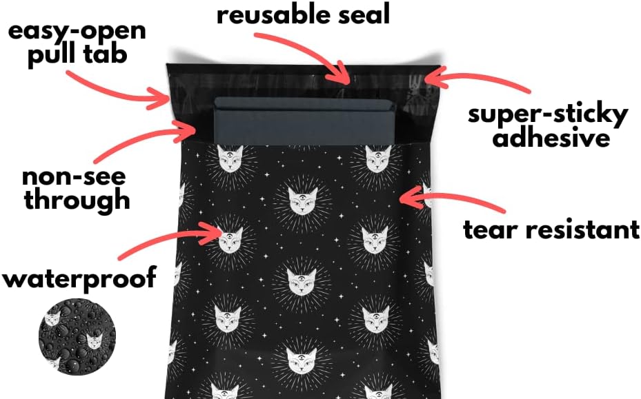 Poly Mailers 12.5x15 50 Pack | Self-Sealing Shipping Bags Envelopes for Small Business | Waterproof Durable Packaging | Cat | Black Stars Animal | à la mode Mailers