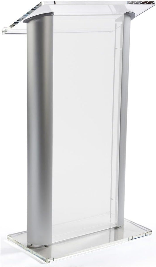 Displays2go Acrylic Podium with Frosted Panel, Modern Church Lectern, Rubber Feet - Clear with Silver (LECTALACF)