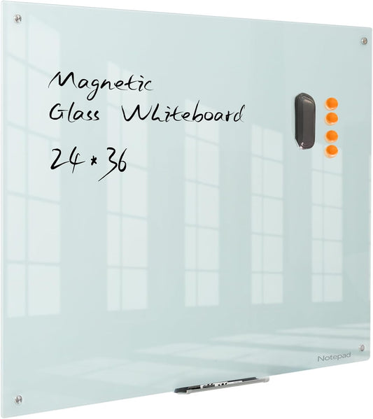 notepad Glass Whiteboard Magnetic Dry Erase Board - White Board 36 x 24''es Wall Mounted Glass Whiteboard, Large Frameless Glass White Board for Wall Office, Home & School,36*24