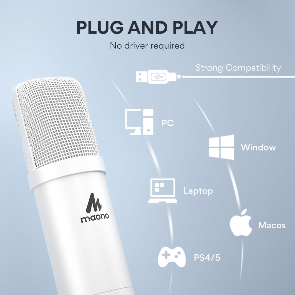 MAONO USB Microphone, 192kHz/24bit Plug & Play PC Computer Podcast Condenser Cardioid Metal Mic Kit with Professional Sound Chipset for Recording, Gaming, Singing, YouTube, AU-A04 White