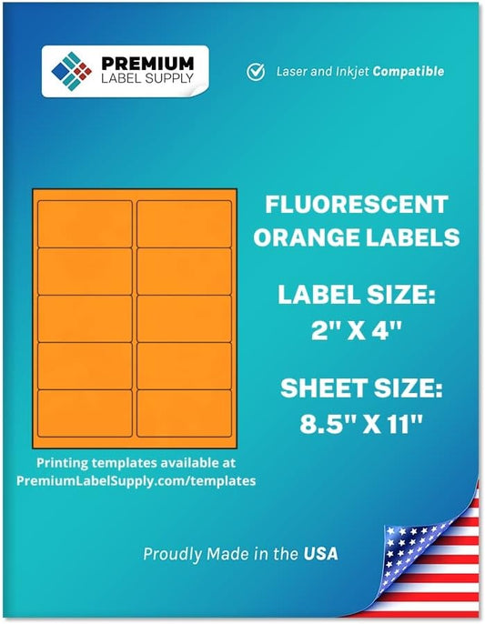 Premium Label Supply Bright Neon Color Fluorescent Stickers - 2" x 4" Labels - (Orange Fluorescent, 1000 Labels)