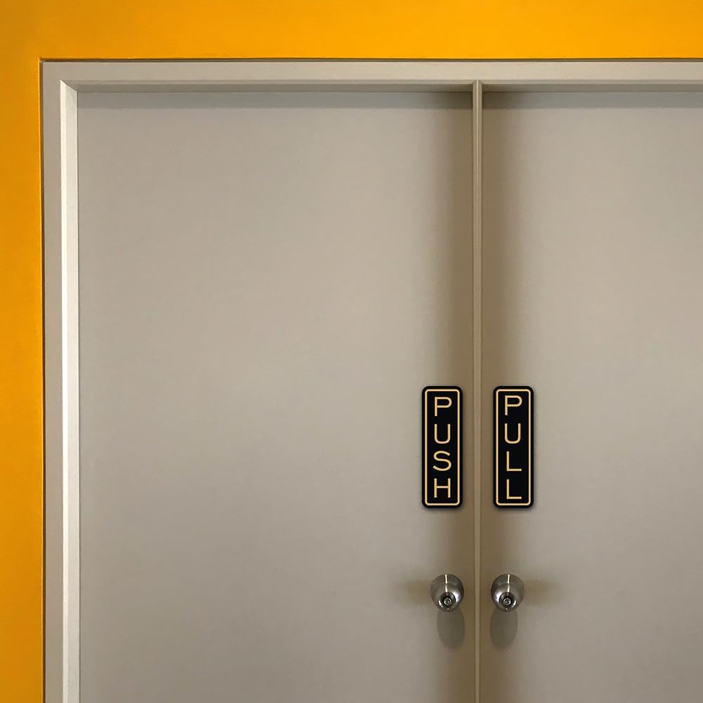 All Quality Classic Vertical Push Pull Door Signs - Great for Glass Doors | Professional Looking Signs | Easy Installation Includes Double-Sided Foam Adhesive Tape (Black/Silver) - Small (5 Pack)