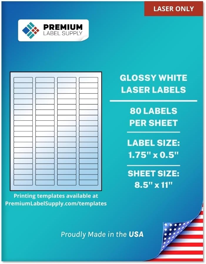 Premium Label Supply Glossy White Sticker Return Address Labels – 1.75" x 0.5" – (80 per Sheet) (Glossy White for Laser Only, 8,000 Labels)
