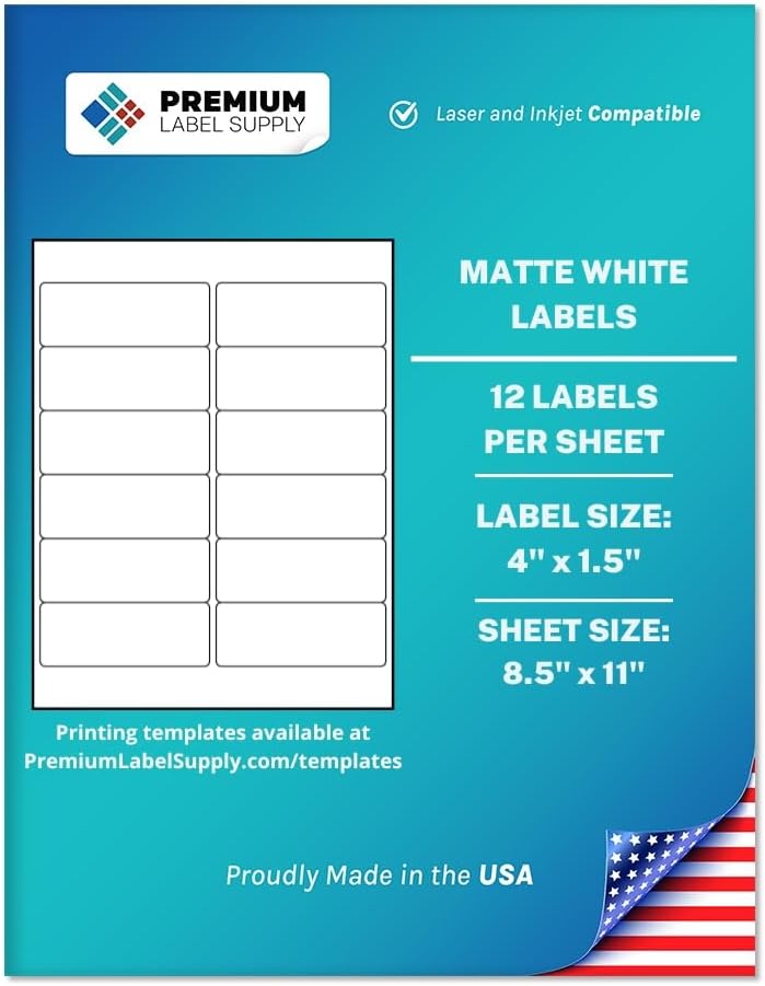 Premium Label Supply White Sticker Address Labels – 4" x 1.5" – Laser/Inkjet Compatible – (12 per Sheet), 25 Sheets – 300 Total Adhesive Labels