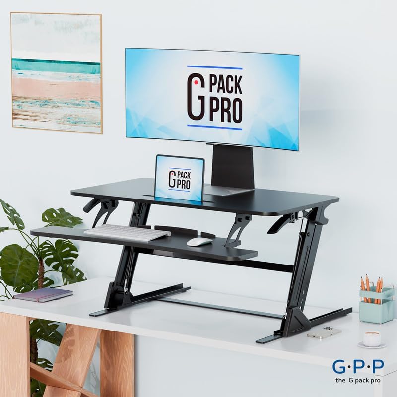 Standing Desk Converter – 38" Wide Stand Up Desk Riser – Quick Sit to Stand Tabletop Dual Monitor Workstation – Height Adjustable Up to 17.3" – Black