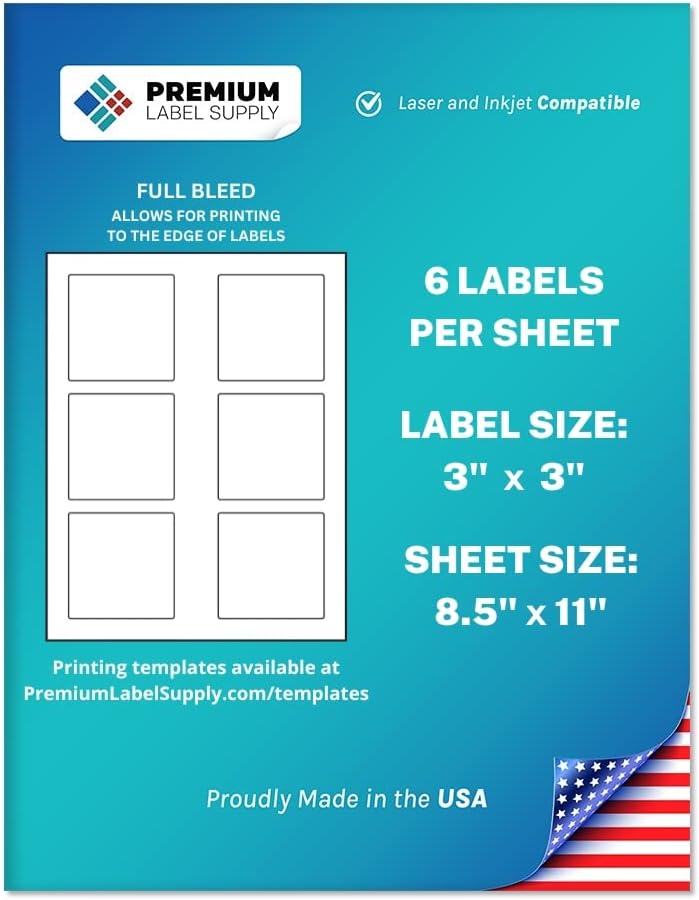 Premium Label Supply White Sticker Square Labels – 3" x 3" – Laser/Inkjet Compatible – (6 per Sheet), 500 Sheets – 3000 Total Adhesive Labels
