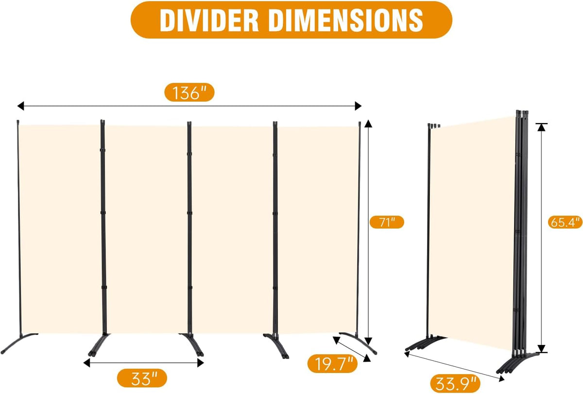 4 Panel Folding Privacy Screens, 6 FT Tall Wall Divider with Metal Frame, Freestanding Room Divider for Office Bedroom Study (4 Panel, Beige)
