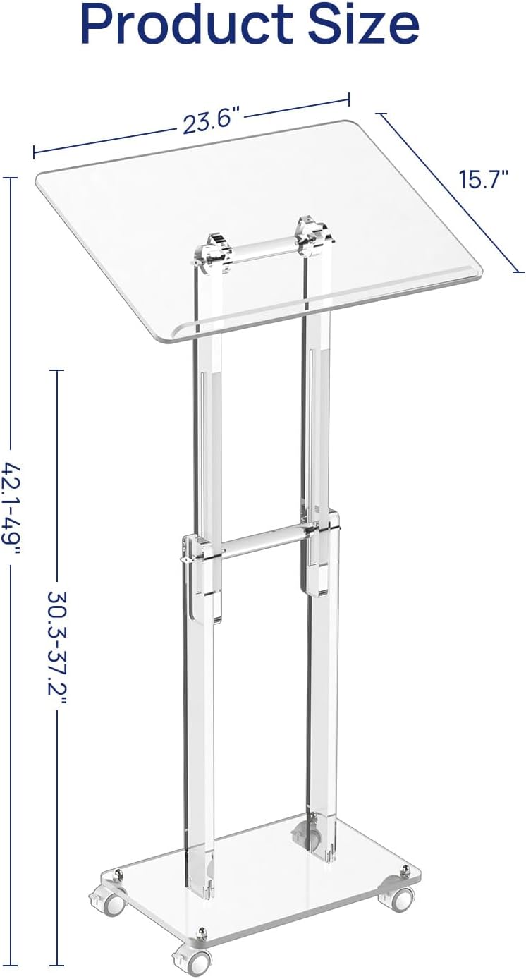HMYHUM Acrylic Podium Stand with Lockable Wheels, Angle & Height Adjustable, Clear Rolling Podium, Mobile Lecterns & Pulpits for Classroom, Concert, Church, Speech, Multi-Purpose, Modern