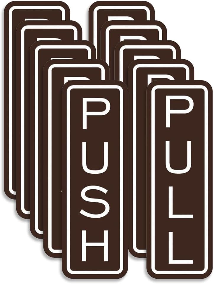 All Quality Classic Vertical Push Pull Door Signs - Great for Glass Doors | Professional Looking Signs | Easy Installation Includes Double-Sided Foam Adhesive Tape (Dark Brown) - Large (5 Pack)