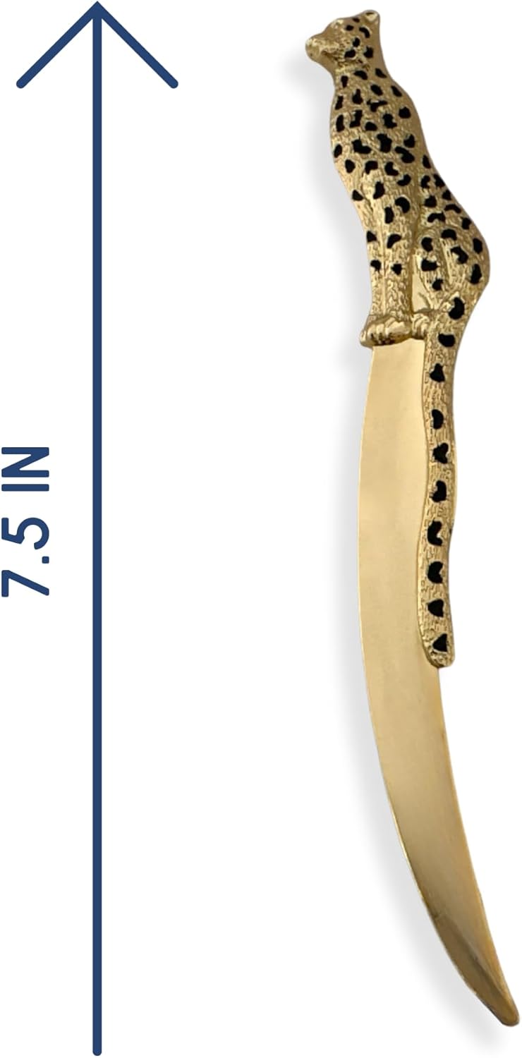 Premium Leopard Letter Opener | Gold & Black Electroplated Desk Accessory for Home, Office | Mail Opening Tool for Women & Men | Velvet Gift Bag | 7.5 Inch Long