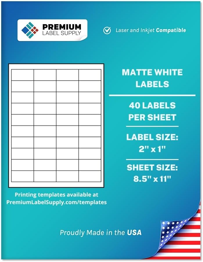 Premium Label Supply White Sticker Barcode Labels – 2" x 1" – Laser/Inkjet Compatible – (40 per Sheet), 1000 Sheets – 40,000 Total Adhesive Labels