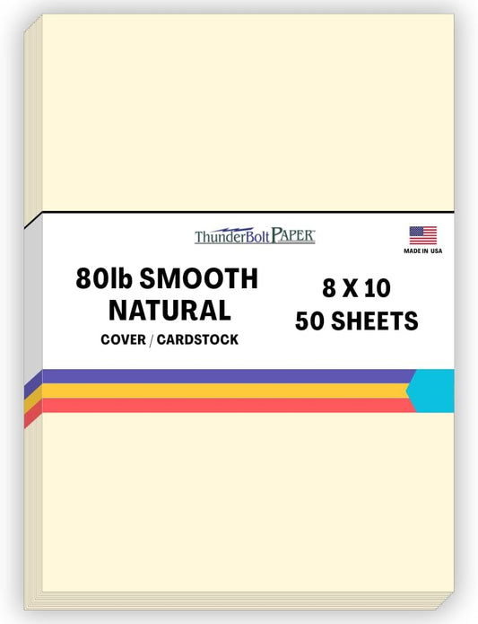 50 Natural Smooth Card Stock Sheets Paper - 8 X 10 Inches Photo|Picture-Frame Size - 80# (80 lb/Pound) Cover Weight - Quality Paper - Smooth Finish