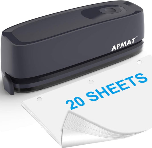 AFMAT 3 Hole Puncher for Paper, Electric Hole Punch 3 Ring, 20-Sheet Paper Punch, AC or Battery Operated, Effortless Punching, Long Lasting Paper Punch for Office School Studio, Gray, Model: HP08