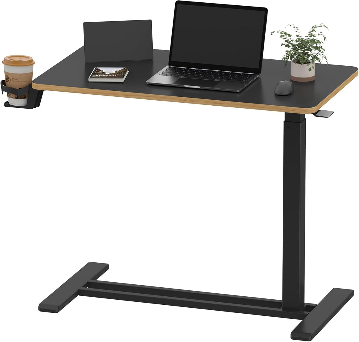SANODESK Medical Adjustable Overbed Bedside Table with Hidden Casters, Pneumatic Mobile Laptop Computer Standing Desk Cart with Tray, Hospital and Home Use(31.5" W x 17.7" D, Black)