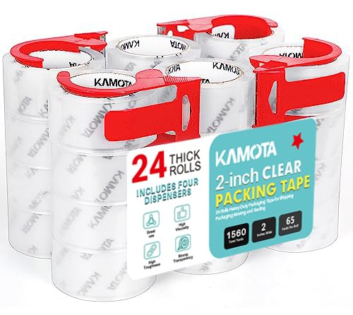 KAMOTA Packing Tape, 24 Rolls Heavy Duty Clear Packaging Tape for Shipping Packaging Moving Sealing, 2 inches Wide, 65 Yards Per Roll, Total 1560 Yards with 4 Dispensers