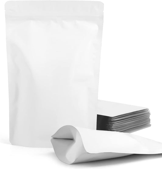 100 Pack Resealable Stand Up Bags,4.7" x 7.9" Smell Proof Pouch Sealable Foil Pouch Bags for Packaging (White)
