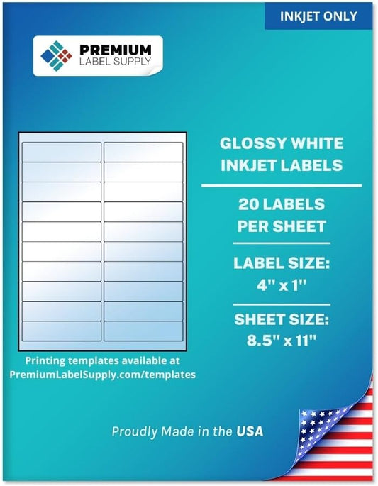 Premium Label Supply Glossy White Address Sticker Labels – 4" x 1" – (20 per Sheet) (Glossy White for Inkjet Only, 2,000 Labels)