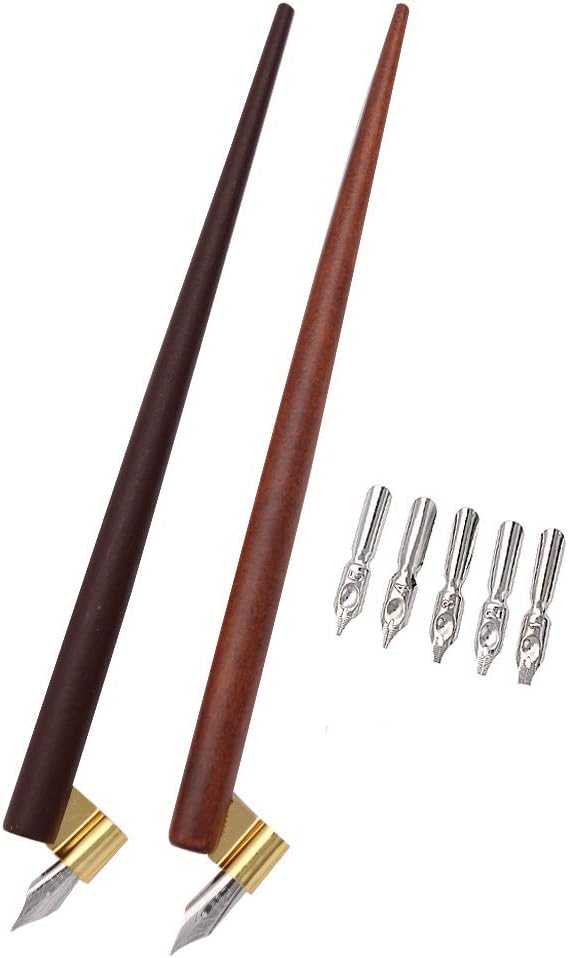 Professional Manga Gothic Pen Dip Pen Calligraphy Drawing Pen Kit, 2 Pen Holders Handles, 7 Nibs (2 Fountain Pen Nib, 5 Flat Nib) - Brown Wood and Redwood