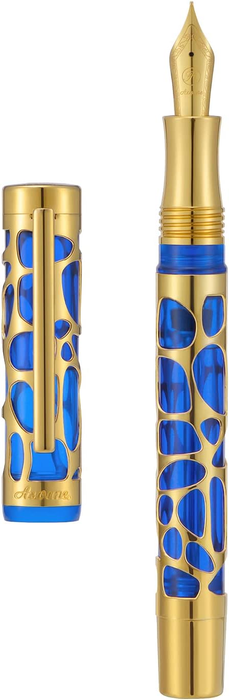 Asvine V169 Vacuum Filling Fountain Pen Extra Fine Nib, Water Drop Skeleton Gold Trim Transparent Blue Acrylic Pen Case Set