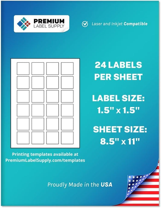 Premium Label Supply White Sticker Square Labels – 1.5" x 1.5" – Laser/Inkjet Compatible – (24 per Sheet), 2000 Sheets – 48,000 Total Adhesive Labels