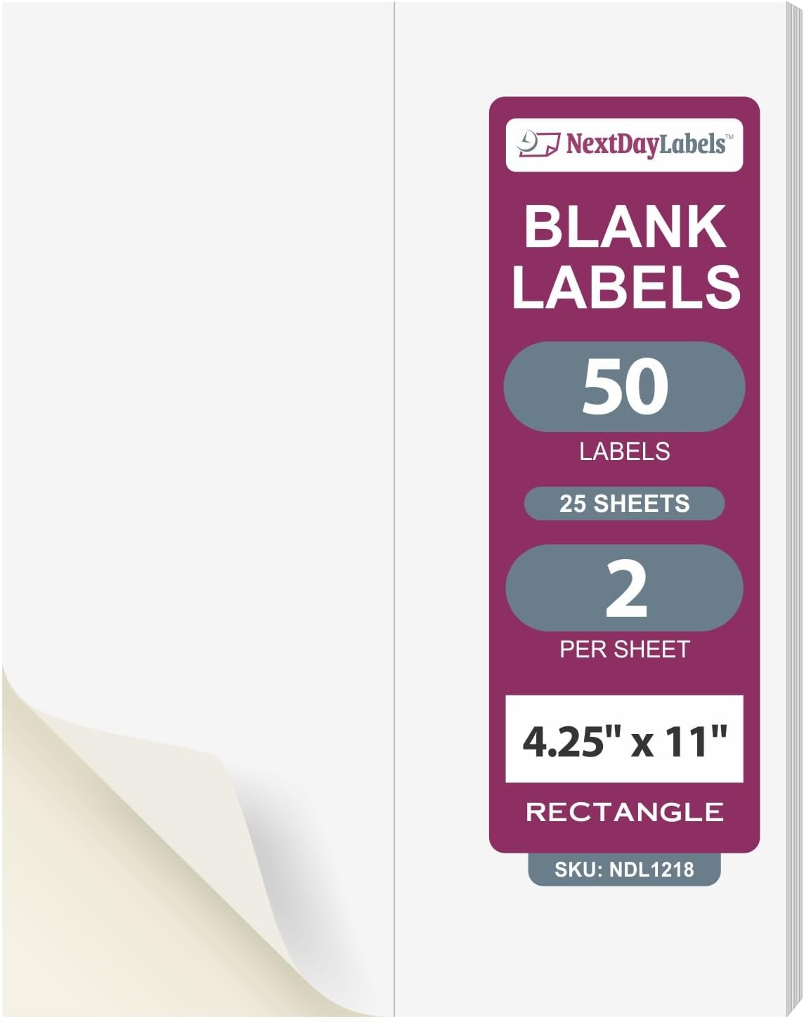 NextDayLabels – 4-1/4" x 11" Rectangular Sticker Labels for Printer - White Laser/Inkjet Printer Labels Return Address Labels Shipping Label Stickers (25 Sheets, 2 Per Sheet, 50 Labels)
