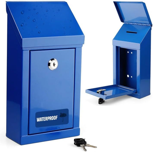 Metal Donation Box-Suggestion Box with Slot and lock-Cash Lock box for Money-Waterproof Drop Box-Comment and ballot voting box-comes with pre-drilled holes for easy wall mounting 10 X 6 X 2.5"(Blue)