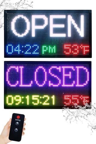20”x11” Smart LED Open/Closed Sign Outdoor Waterproof, RGB Color Changing Backlight with Remote Control, Digital Alarm Clock, Calendar & Temperature Display - Use Retail Stores, Shops
