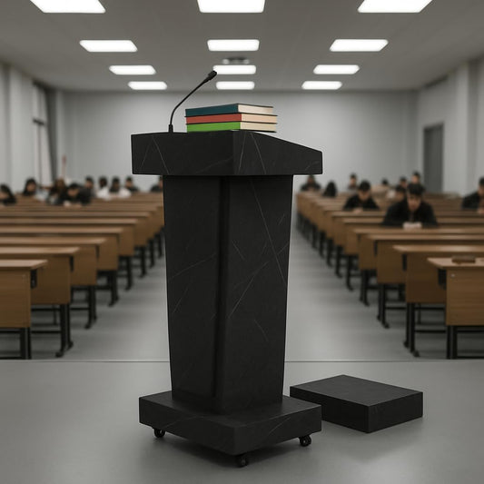 Wooden Podium Stand with Wheels, Stool and 2 Tier Storage, Lectern Presentation for Church, Classroom, Event, Stronge 16MM Wood Board Rolling Podium (Grey)